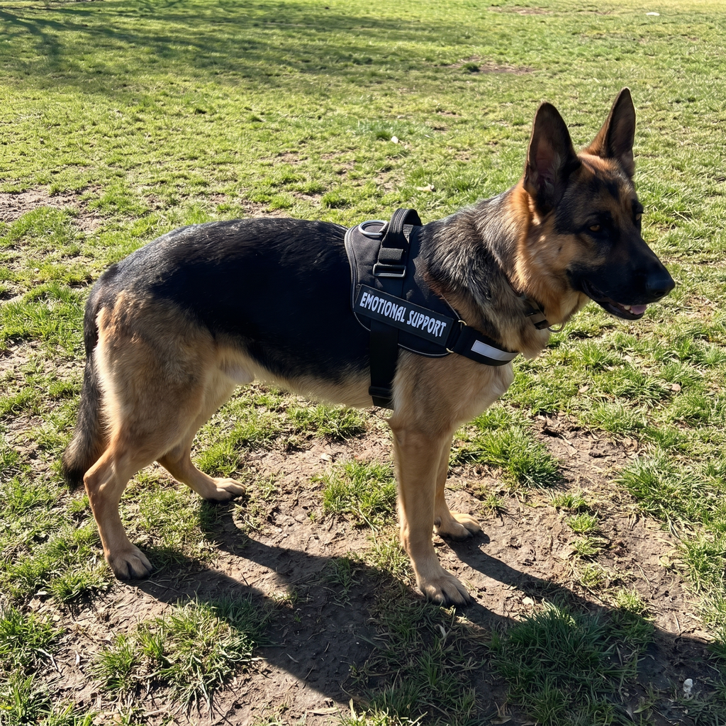 German shepherd wearing the black support harness with EMOTIONAL SUPPORT side panel at the park - wrenwood ugc lifestyle v2