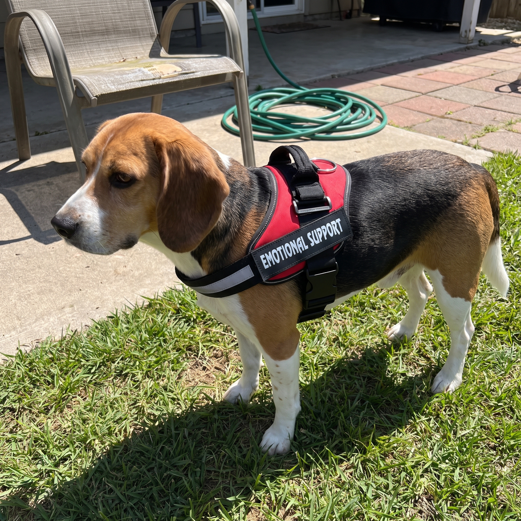 Beagle wearing the red support harness with EMOTIONAL SUPPORT side panel in a backyard - wrenwood ugc lifestyle v2