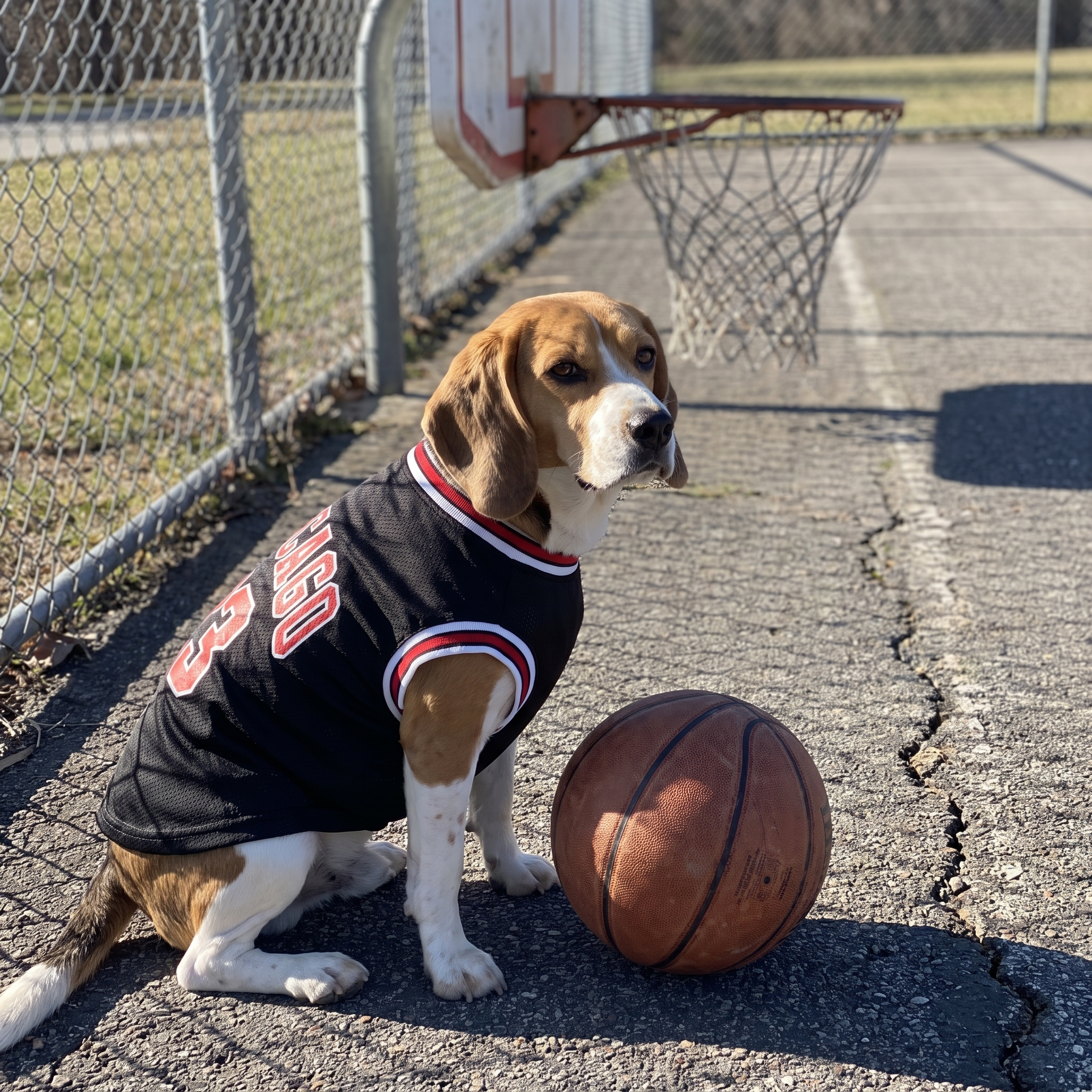 Beagle in the black mesh basketball jersey courtside at an outdoor court - wrenwood ugc lifestyle v2