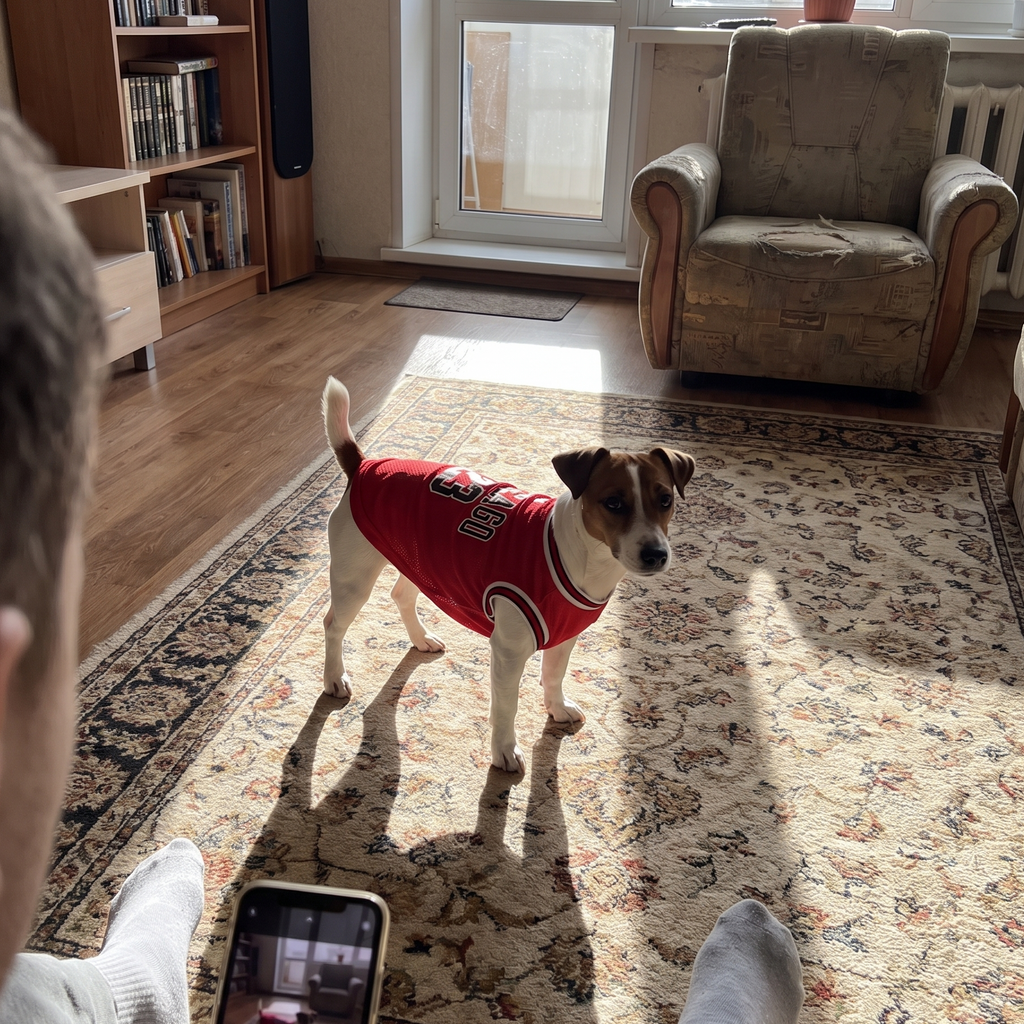 Jack russell terrier in the red basketball jersey on a living room rug - wrenwood ugc lifestyle v2