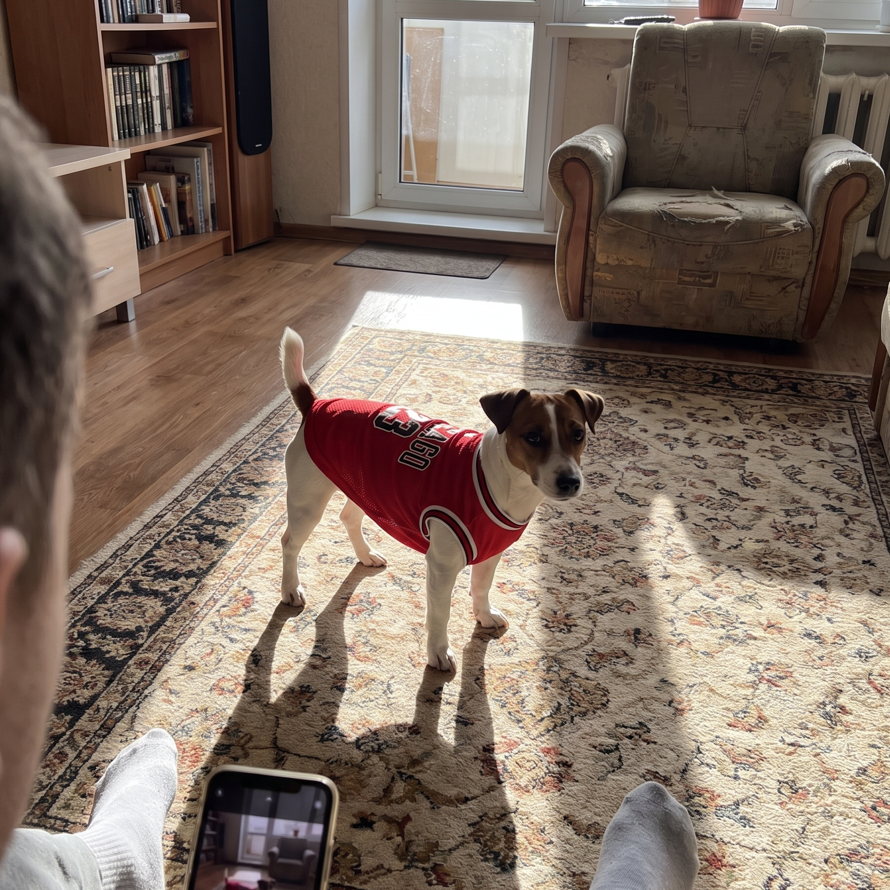 Jack russell terrier in the red basketball jersey on a living room rug - wrenwood ugc lifestyle v2