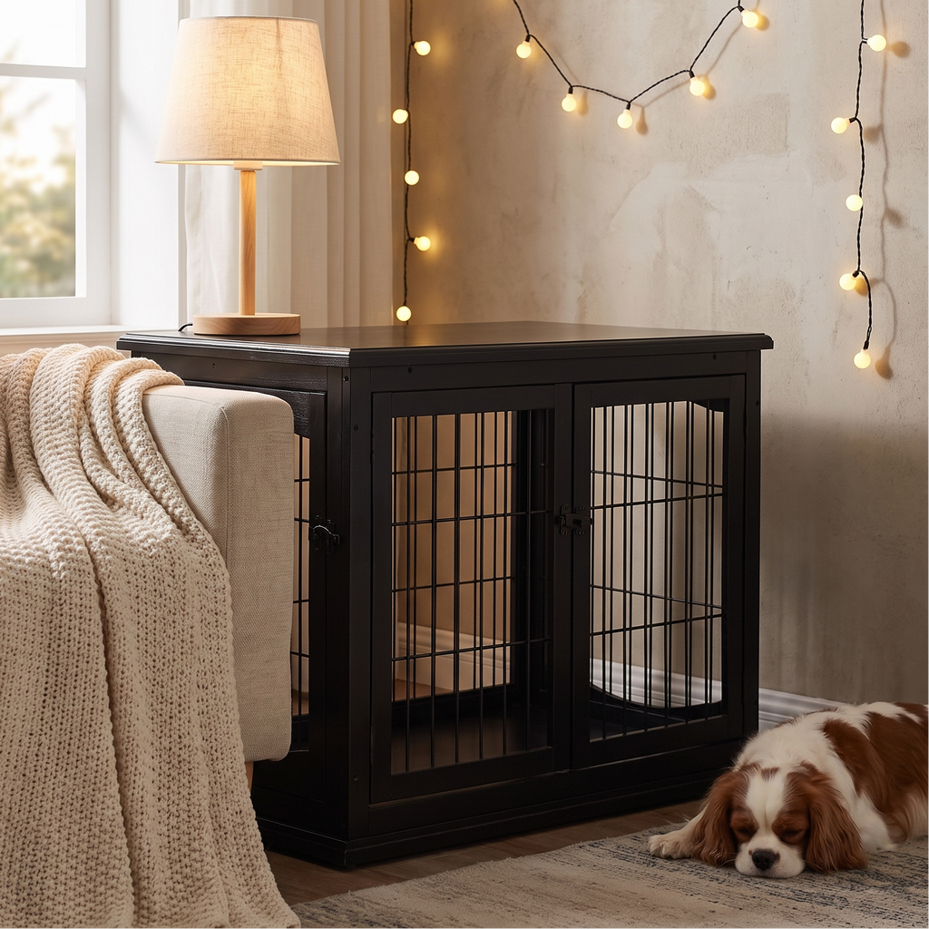 Black wooden dog crate end table in a warm living room with subtle string lights and a cavalier king charles spaniel - wrenwood hero v2