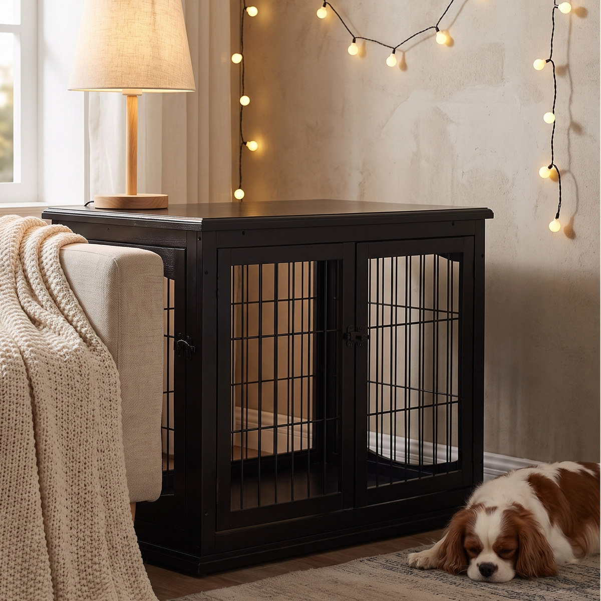 Black wooden dog crate end table in a warm living room with subtle string lights and a cavalier king charles spaniel - wrenwood hero v2