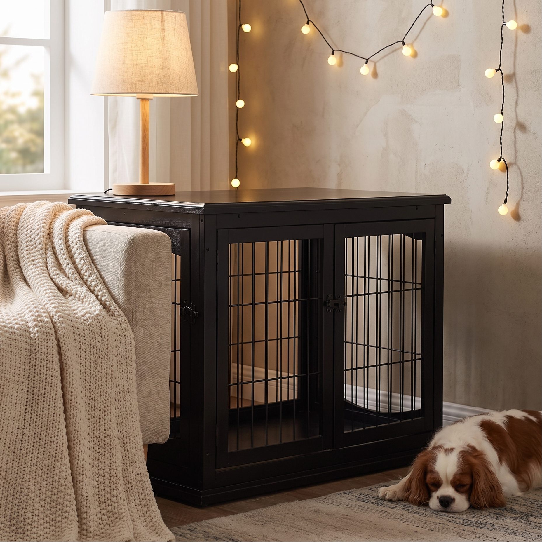 Black wooden dog crate end table in a warm living room with subtle string lights and a cavalier king charles spaniel - wrenwood hero v2