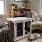 White wooden dog crate end table in a cozy bedroom reading corner with subtle string lights and a shih tzu - wrenwood hero v2
