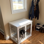 Boston terrier resting inside the white dog crate end table in a hallway corner - wrenwood ugc lifestyle v2