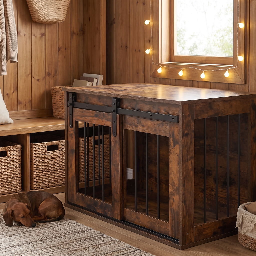 Barn-door wooden dog crate end table in a farmhouse dining nook with subtle string lights and a dachshund - wrenwood hero v2