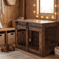 Barn-door wooden dog crate end table in a farmhouse dining nook with subtle string lights and a dachshund - wrenwood hero v2