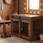 Barn-door wooden dog crate end table in a farmhouse dining nook with subtle string lights and a dachshund - wrenwood hero v2