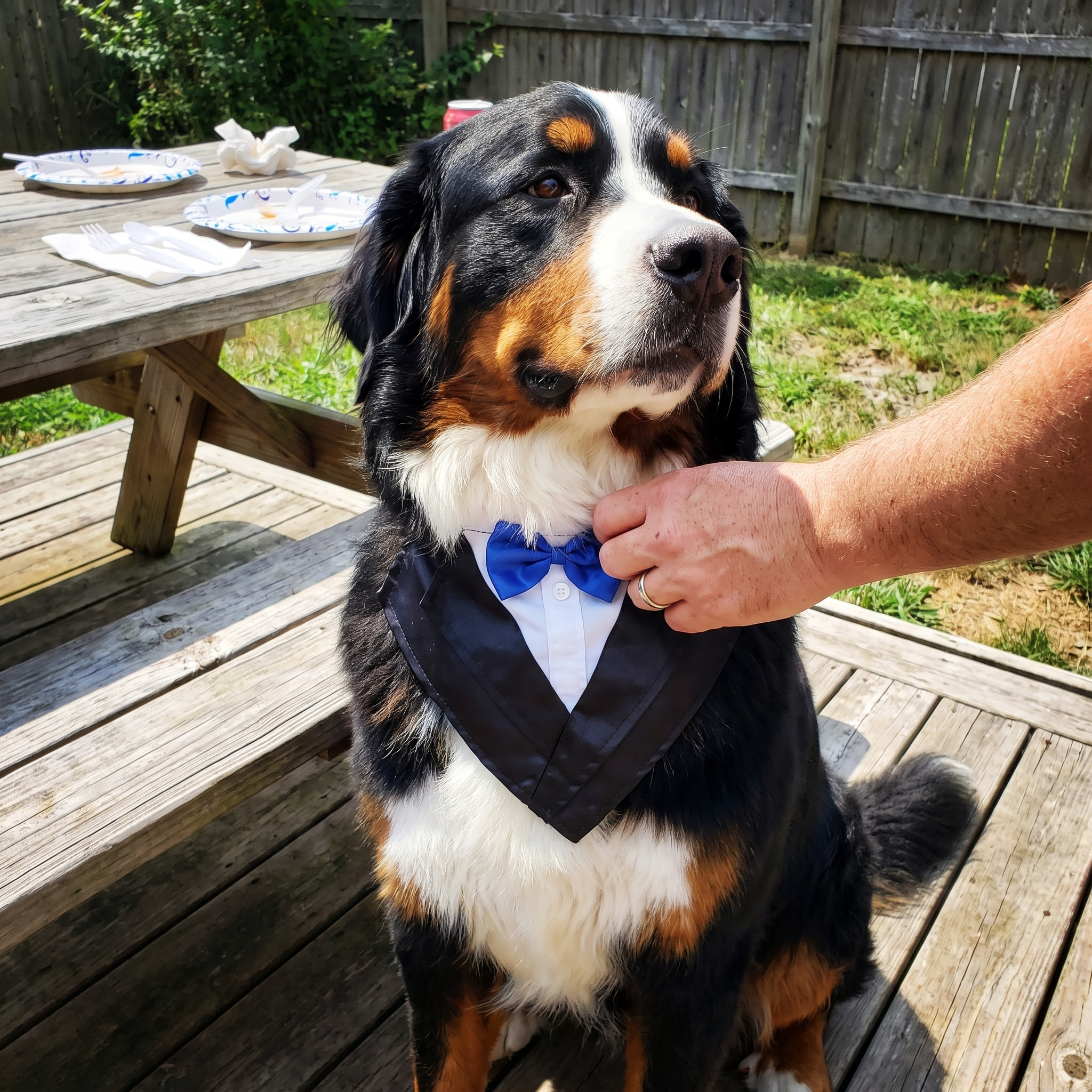 Bernese mountain dog wearing the tuxedo bandana with blue bow tie on a backyard deck - wrenwood ugc lifestyle v2