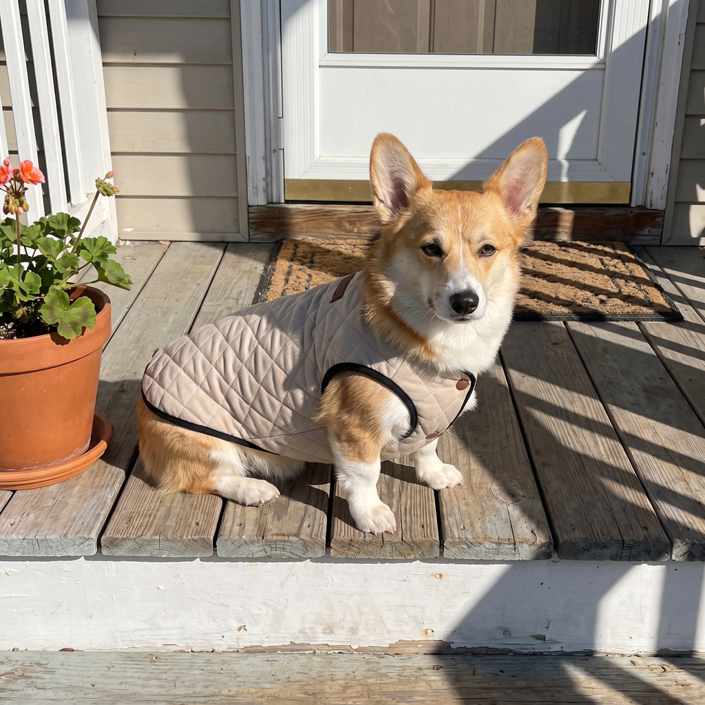 Corgi sits on a sunlit front porch wearing the beige quilted padded dog vest.