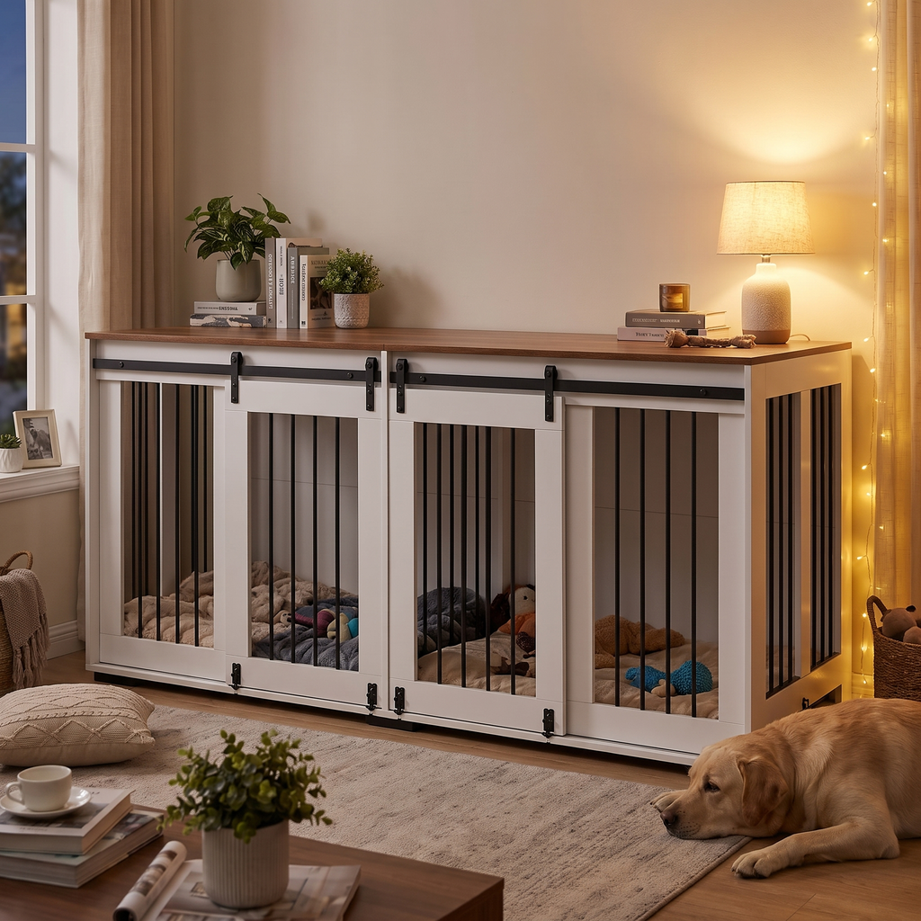 72 inch double dog crate furniture console at full size along a living room wall with warm lights and a golden labrador - wrenwood hero v2
