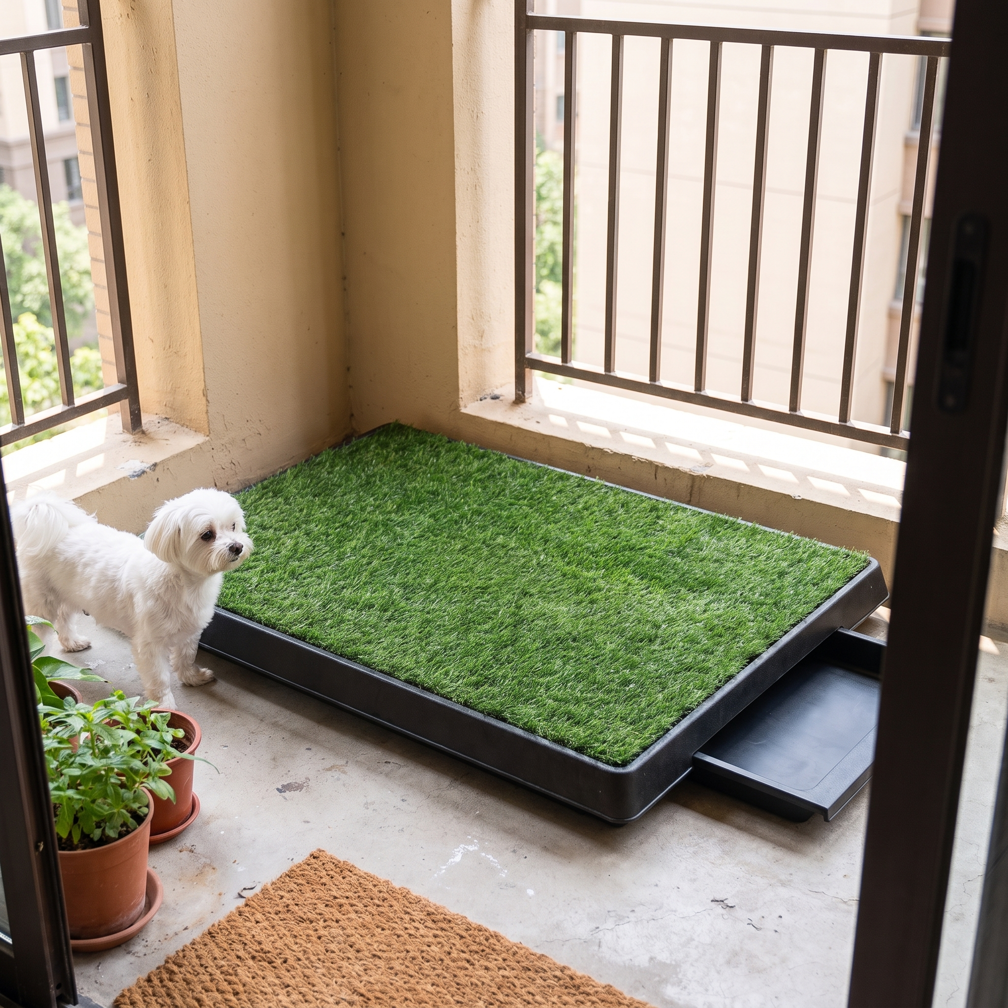 Artificial grass dog lawn potty tray in a bright balcony corner with a maltese - wrenwood hero v2