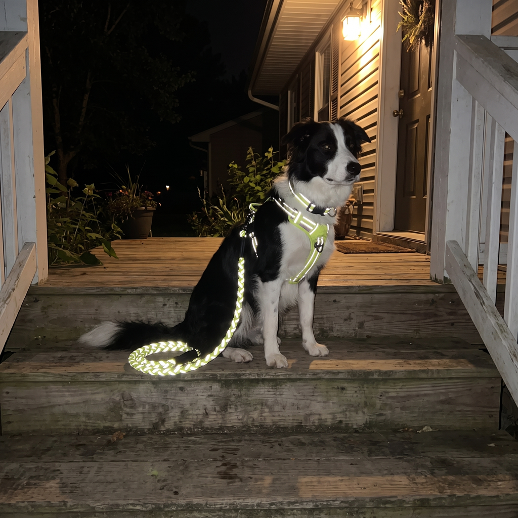 Border collie in the reflective leash and collar set on a front porch at night with the stitching catching the porch light - wrenwood hero v2