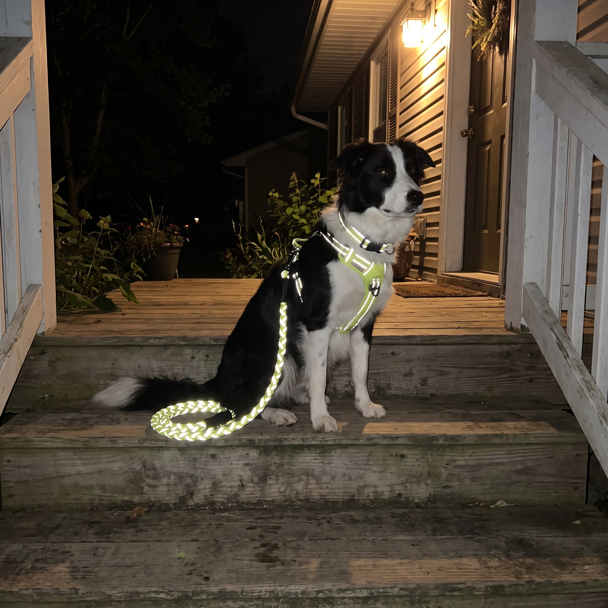 Border collie in the reflective leash and collar set on a front porch at night with the stitching catching the porch light - wrenwood hero v2