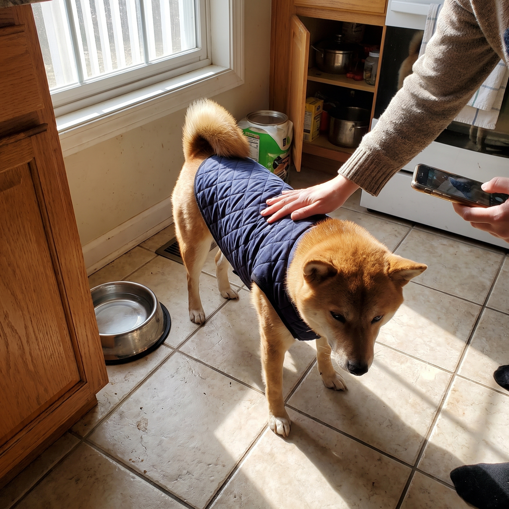Shiba Inu stands in a kitchen wearing the navy quilted padded dog vest.