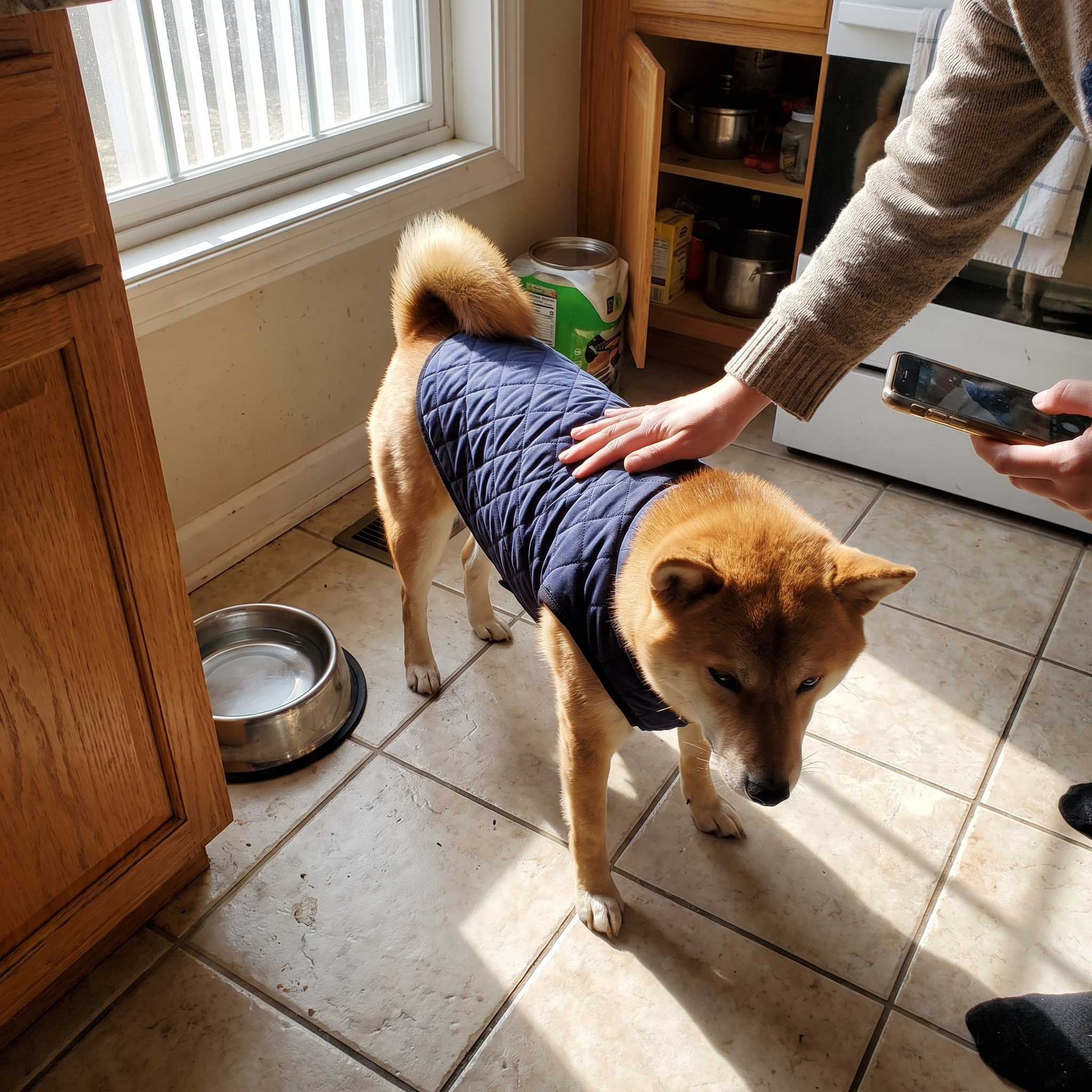 Shiba Inu stands in a kitchen wearing the navy quilted padded dog vest.