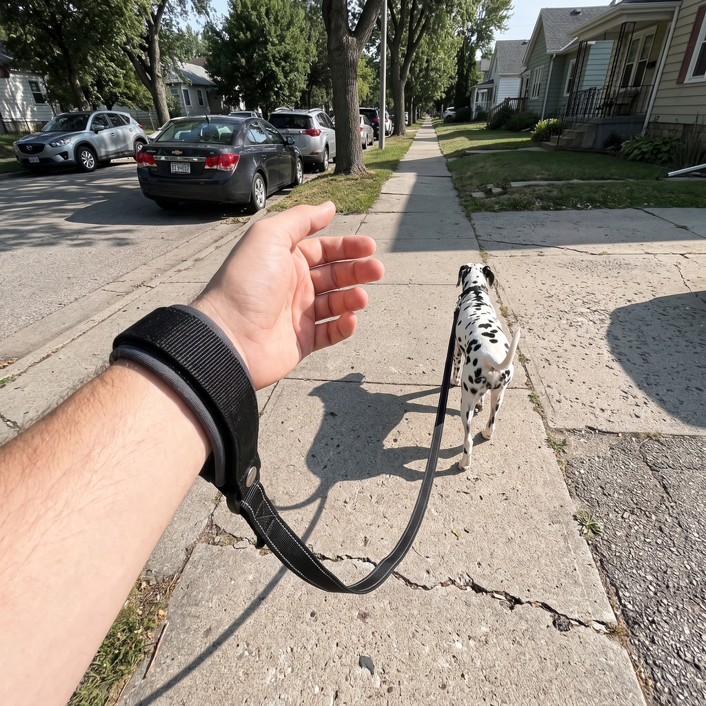 Owner POV of the hands-free wrist leash with a dalmatian ahead on a sidewalk walk - wrenwood ugc lifestyle v2