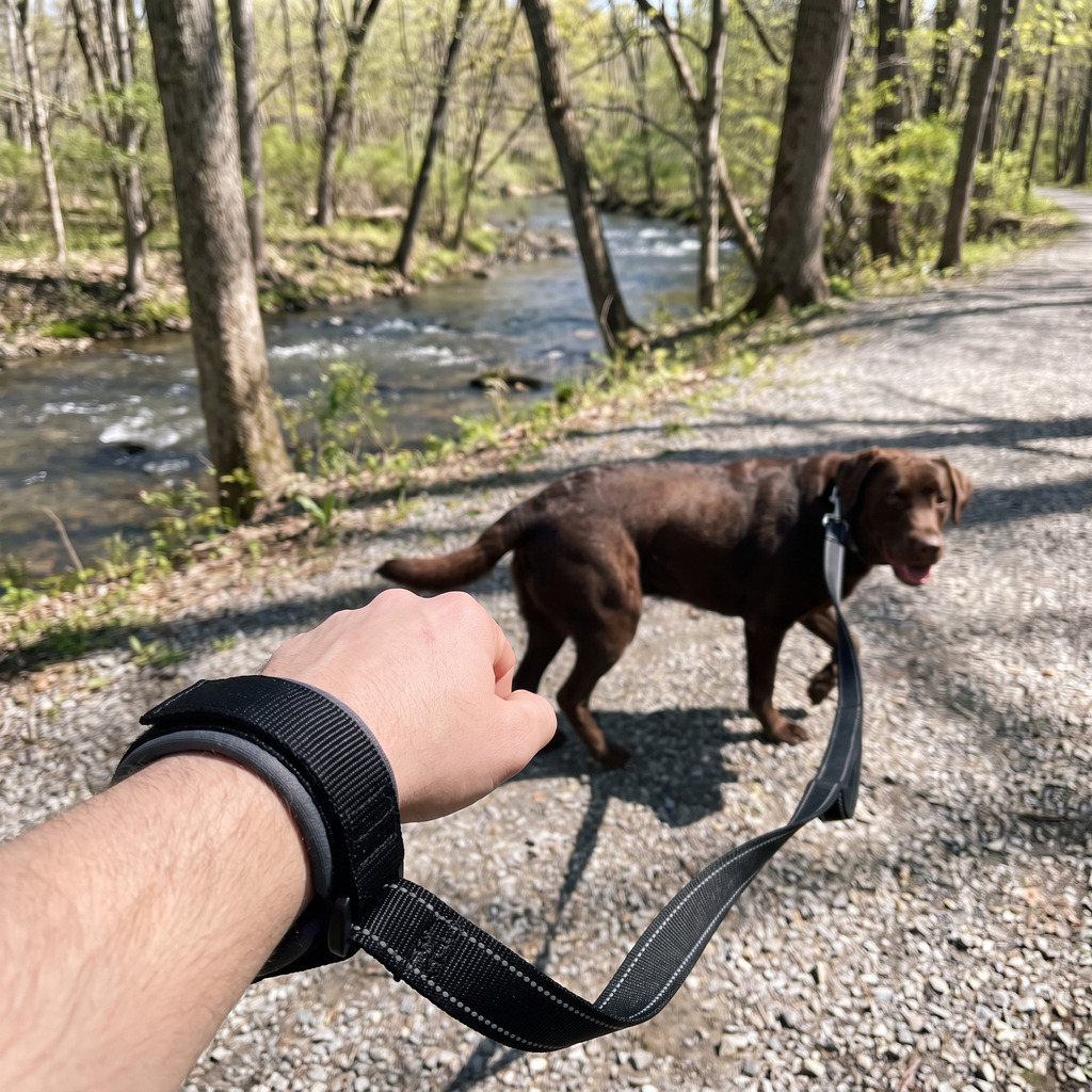 Owner POV of the hands-free wrist leash with a chocolate lab on a gravel trail - wrenwood ugc lifestyle v2