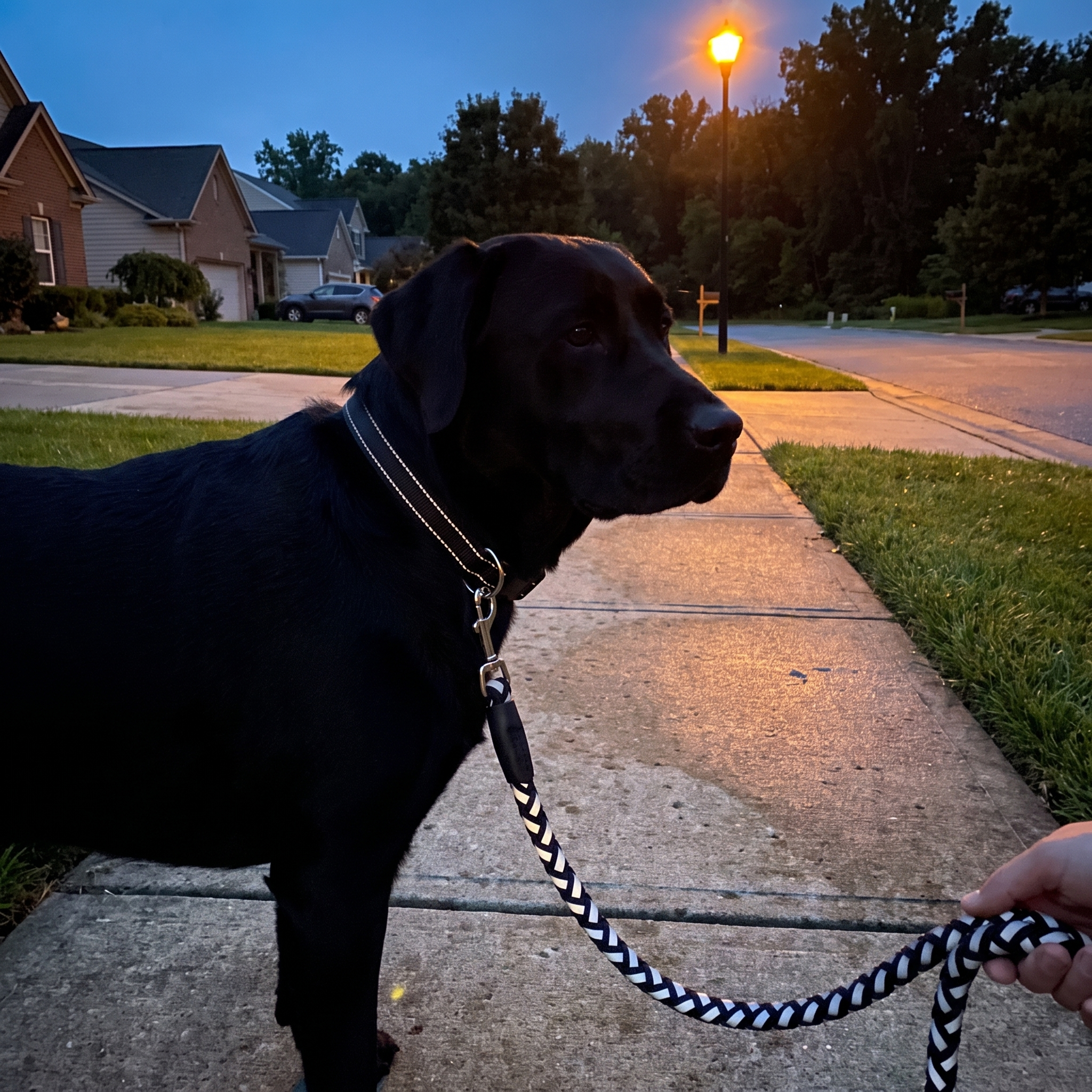 Black labrador in the black reflective leash and collar set catching streetlight on a dusk walk - wrenwood ugc lifestyle v2