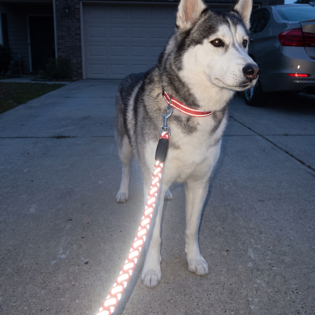 Siberian husky in the red reflective leash and collar set glowing in a driveway at dusk - wrenwood ugc lifestyle v2