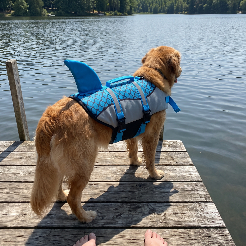 Golden retriever in the blue dog life jacket on a lake dock - wrenwood ugc lifestyle v2