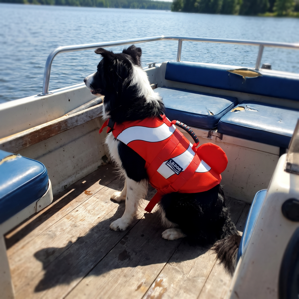 Border collie in the red dog life vest on a boat deck - wrenwood ugc lifestyle v2