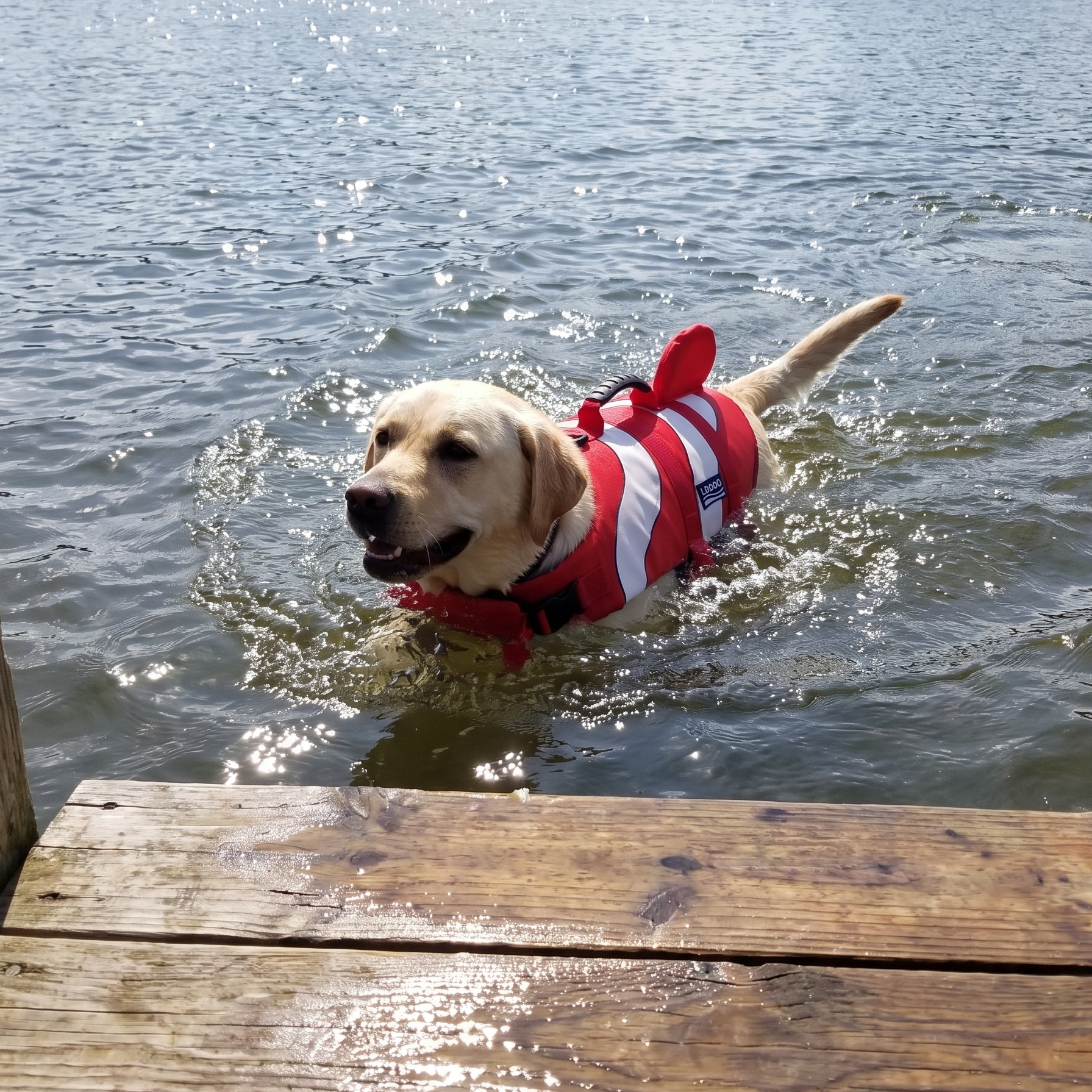 Yellow labrador swimming in the red dog life vest - wrenwood ugc lifestyle v2