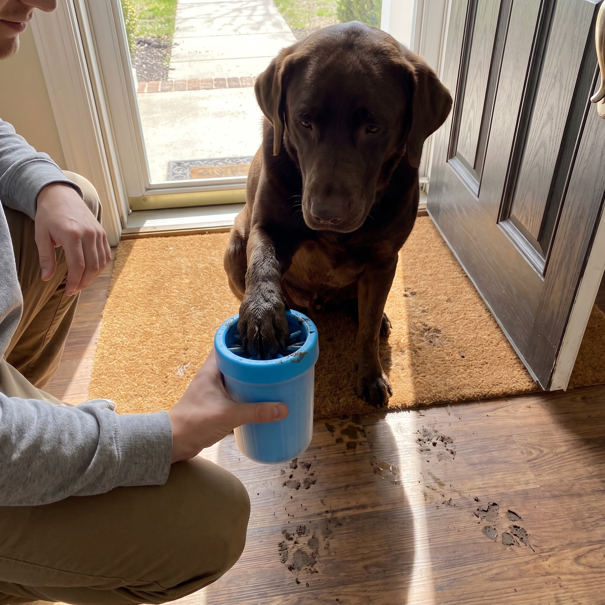 Chocolate labrador's muddy paw in the silicone paw cleaner cup by the front door - wrenwood ugc lifestyle v2