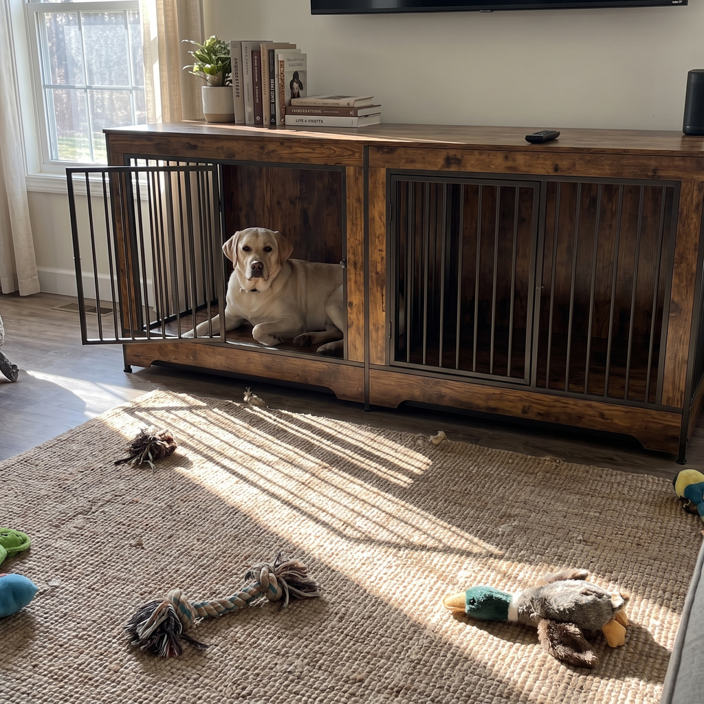Yellow labrador resting inside the double dog crate console in a farmhouse living room - wrenwood ugc lifestyle v2