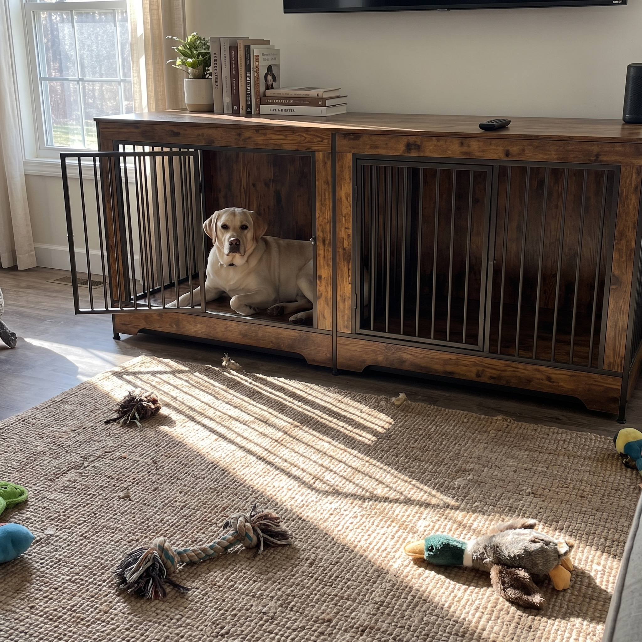 Yellow labrador resting inside the double dog crate console in a farmhouse living room - wrenwood ugc lifestyle v2