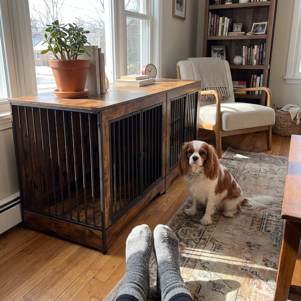 Cavalier King Charles spaniel beside the double dog crate console in a den - wrenwood ugc lifestyle v2