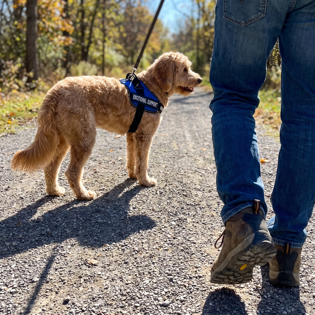 Goldendoodle wearing the blue support harness with EMOTIONAL SUPPORT side panel on a trail walk - wrenwood ugc lifestyle v2
