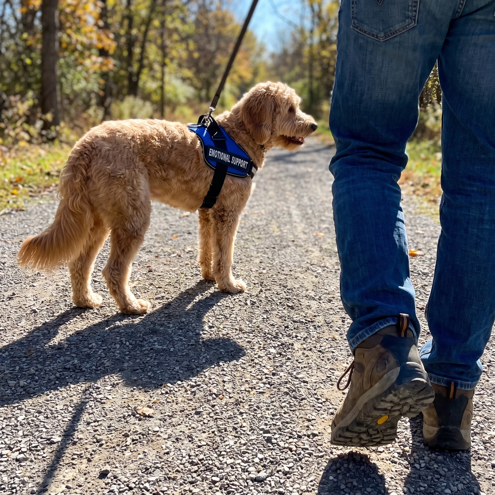 Goldendoodle wearing the blue support harness with EMOTIONAL SUPPORT side panel on a trail walk - wrenwood ugc lifestyle v2