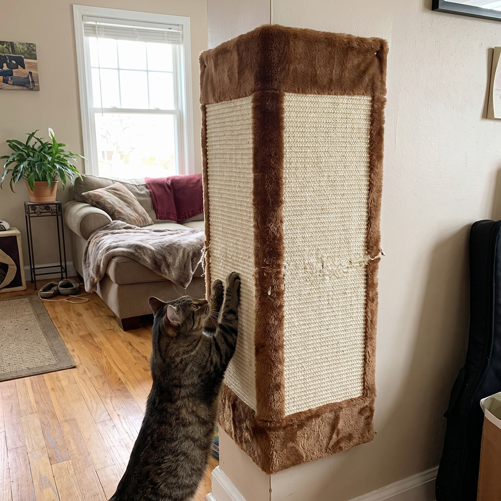 Foldable cat scratcher mat mounted on a wall corner in a living room - wrenwood hero v2