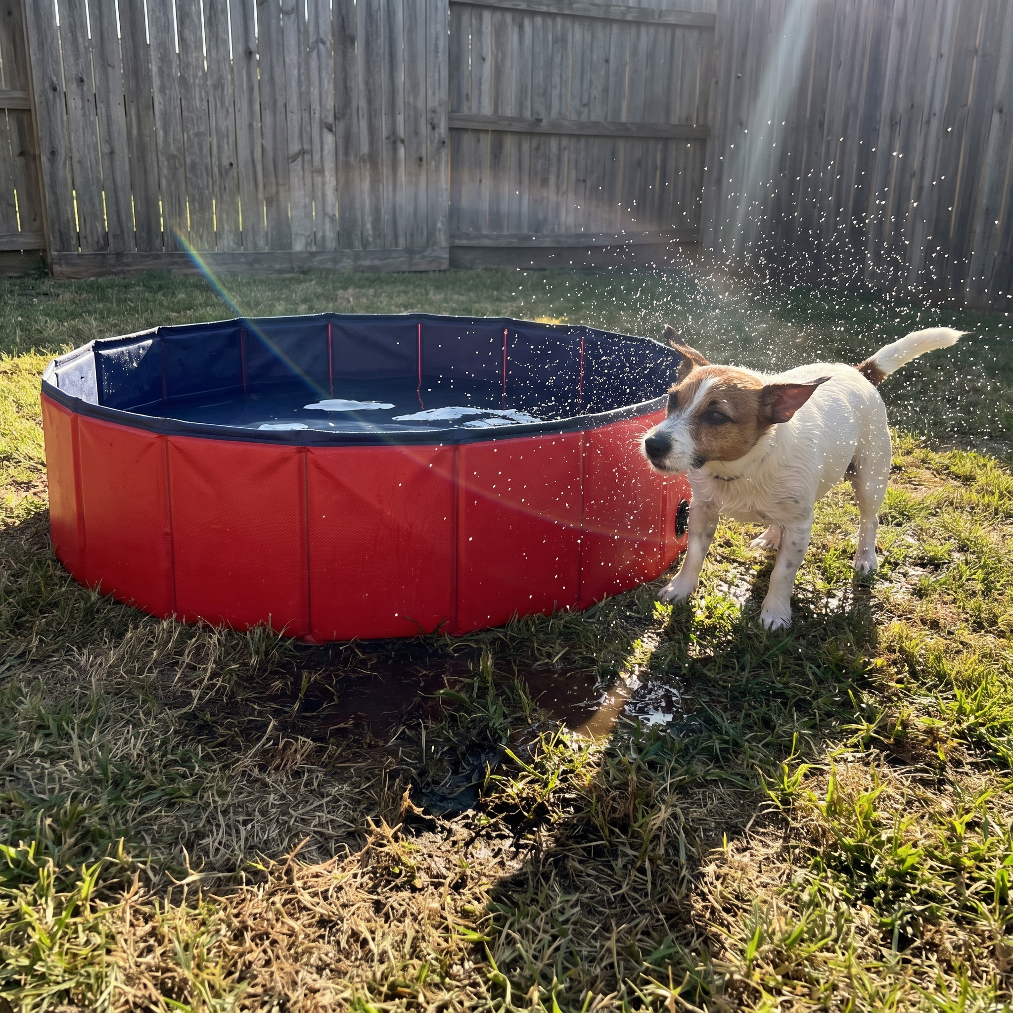 Jack russell shaking off water beside the foldable dog pool by a wooden fence - wrenwood ugc lifestyle v2