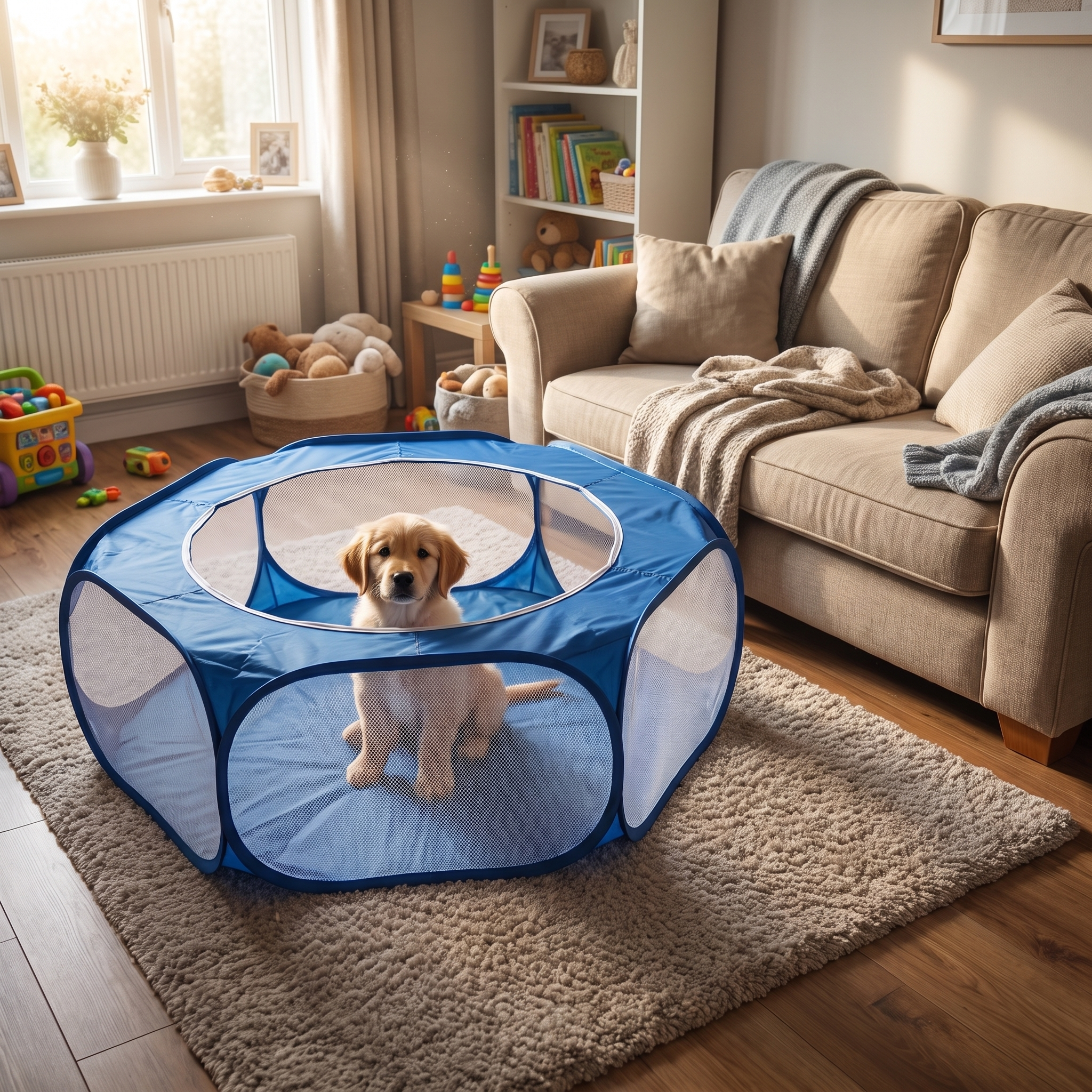 Blue pop-up pet playpen with a puppy inside on a living room rug - wrenwood hero v2