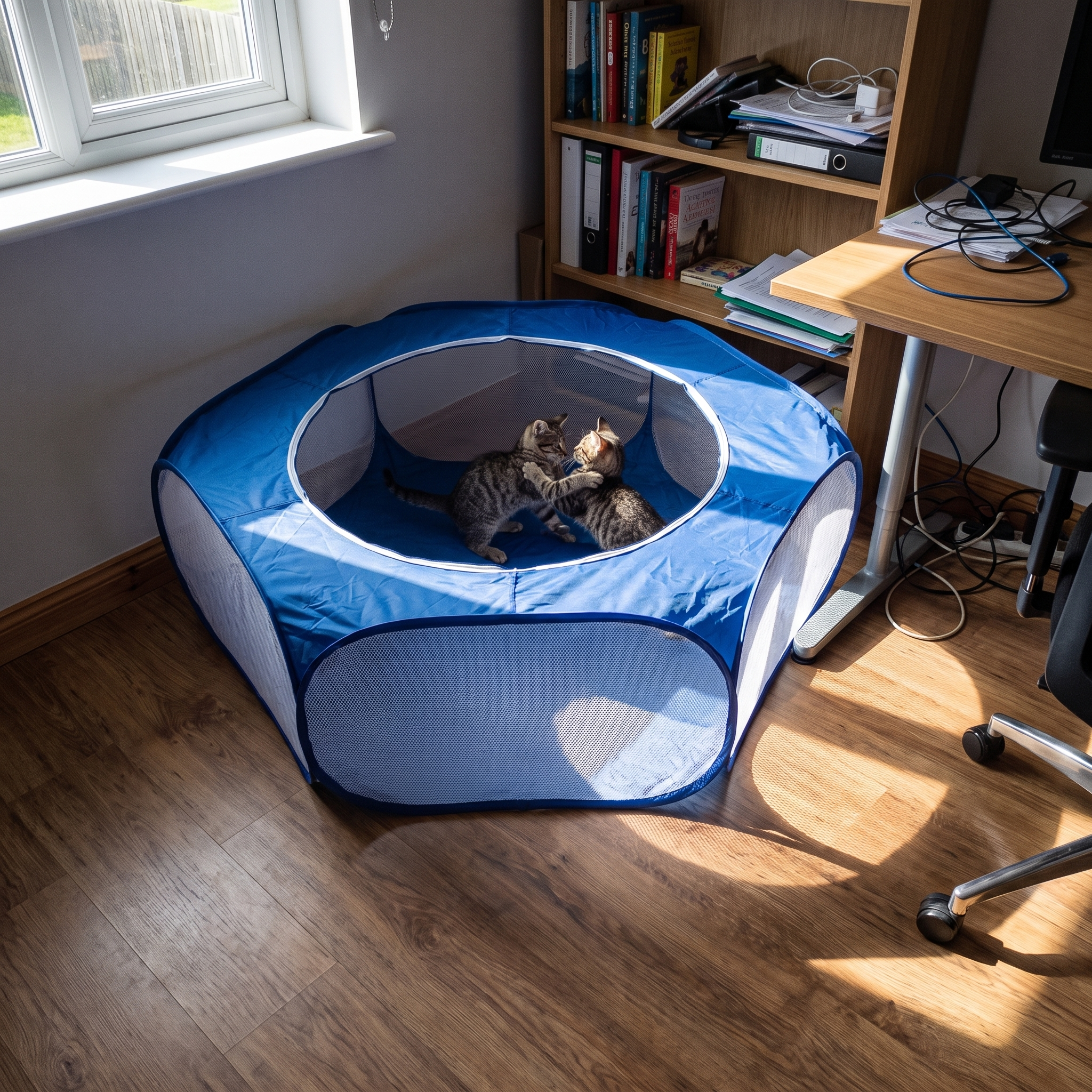 Two kittens inside the foldable pet playpen in a home office - wrenwood ugc lifestyle v2