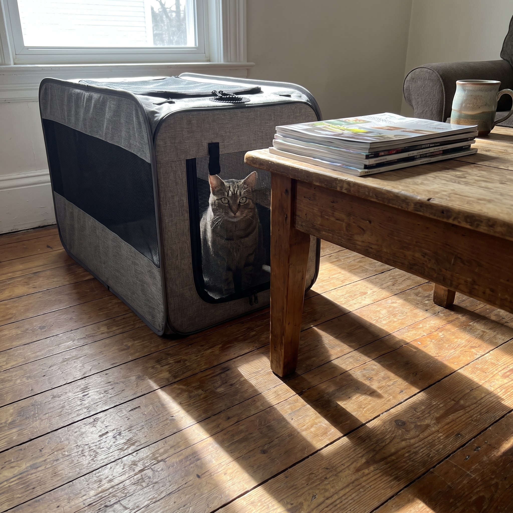 Tabby cat inside the grey pet carrier on a living room floor - wrenwood ugc lifestyle v2