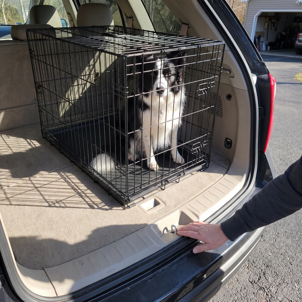 Border collie in the folding dog crate on an SUV tailgate - wrenwood ugc lifestyle v2