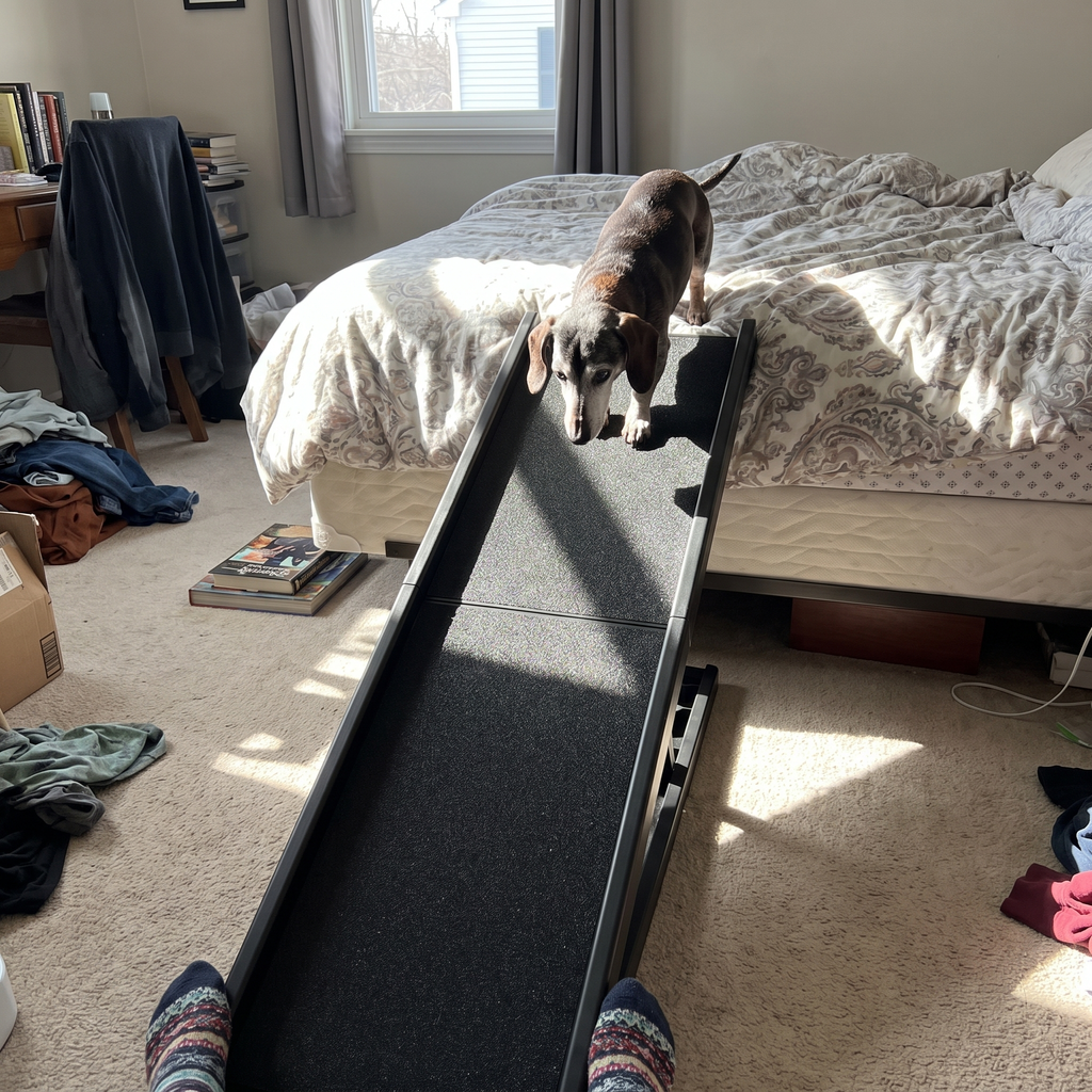 Senior dachshund climbing the folding dog ramp up to a bed - wrenwood ugc lifestyle v2