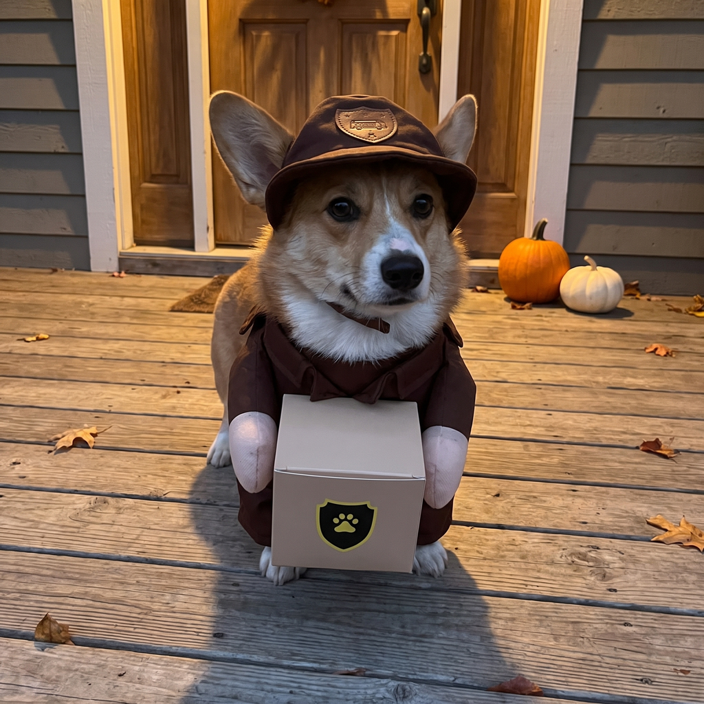 Corgi wearing the standing courier costume on a porch with small pumpkins - wrenwood hero v2