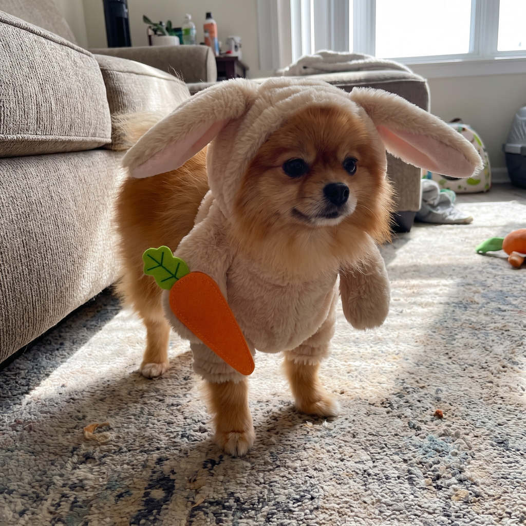 Pomeranian wearing the rabbit costume in a living room - wrenwood ugc lifestyle v2