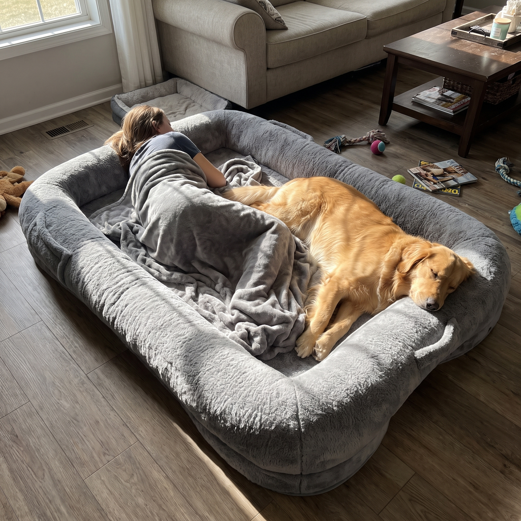 Owner and golden retriever relaxing together on the giant human dog bed in a living room - wrenwood ugc lifestyle v2