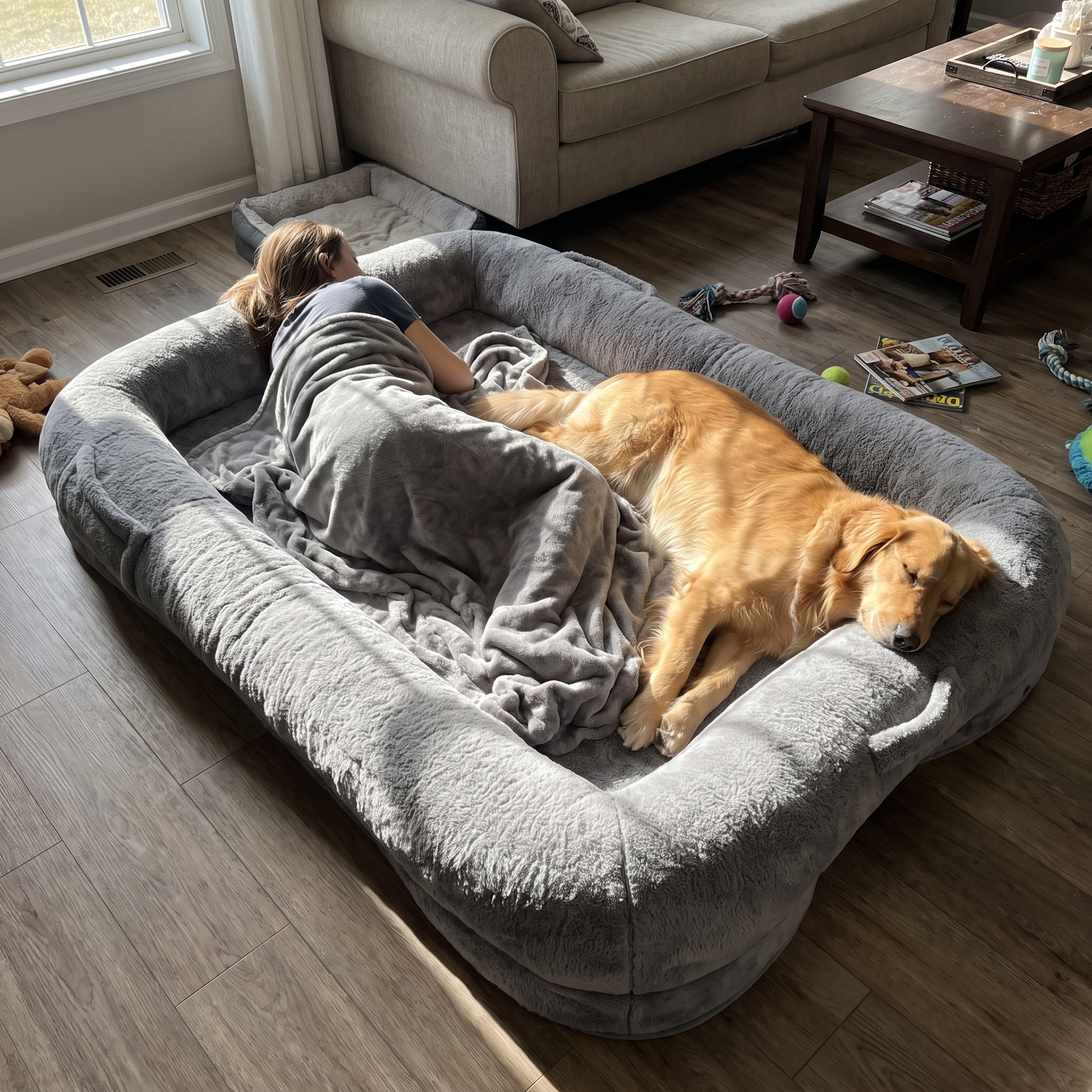 Owner and golden retriever relaxing together on the giant human dog bed in a living room - wrenwood ugc lifestyle v2