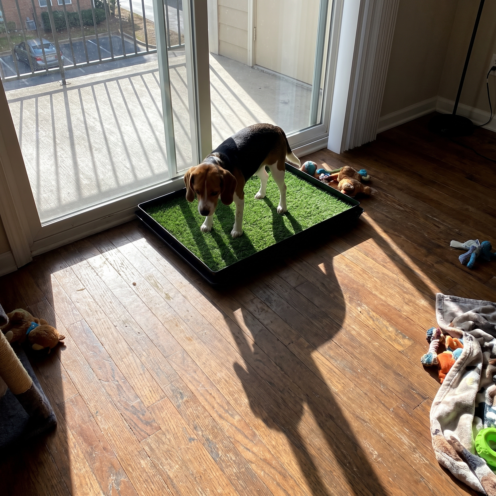 Beagle standing on the artificial grass dog lawn potty tray by the balcony door - wrenwood ugc lifestyle v2