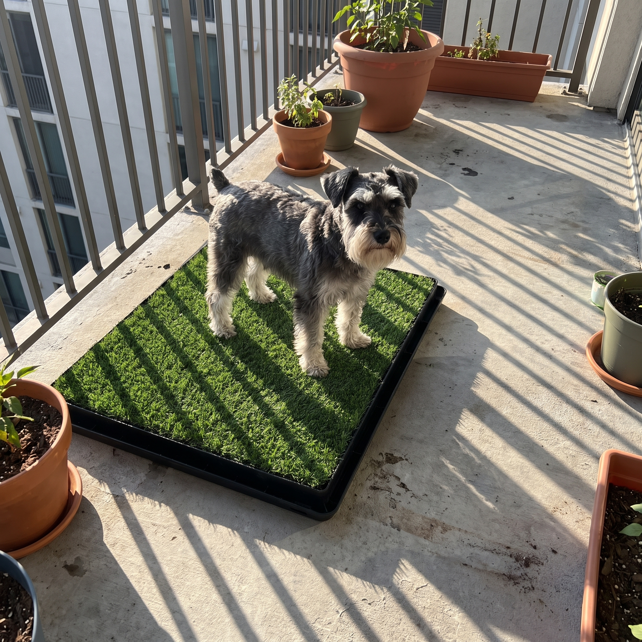 Miniature schnauzer using the dog lawn potty tray on an apartment balcony - wrenwood ugc lifestyle v2