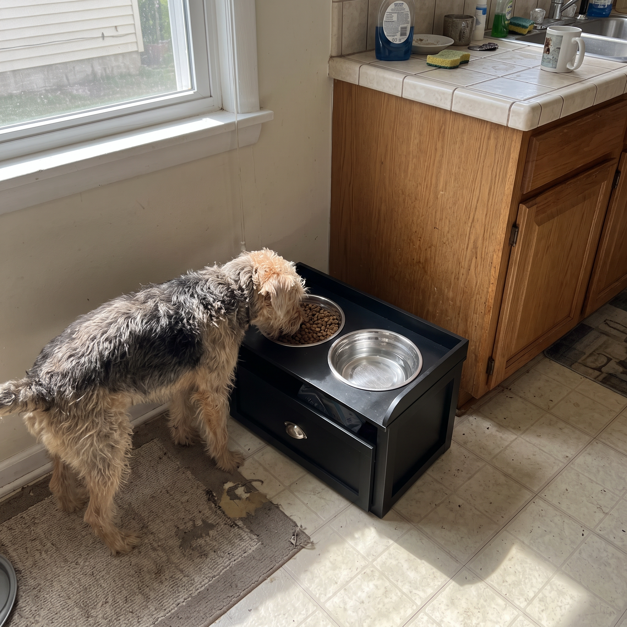 Terrier mix eating from the elevated feeding station in a sunlit kitchen - wrenwood ugc lifestyle v2