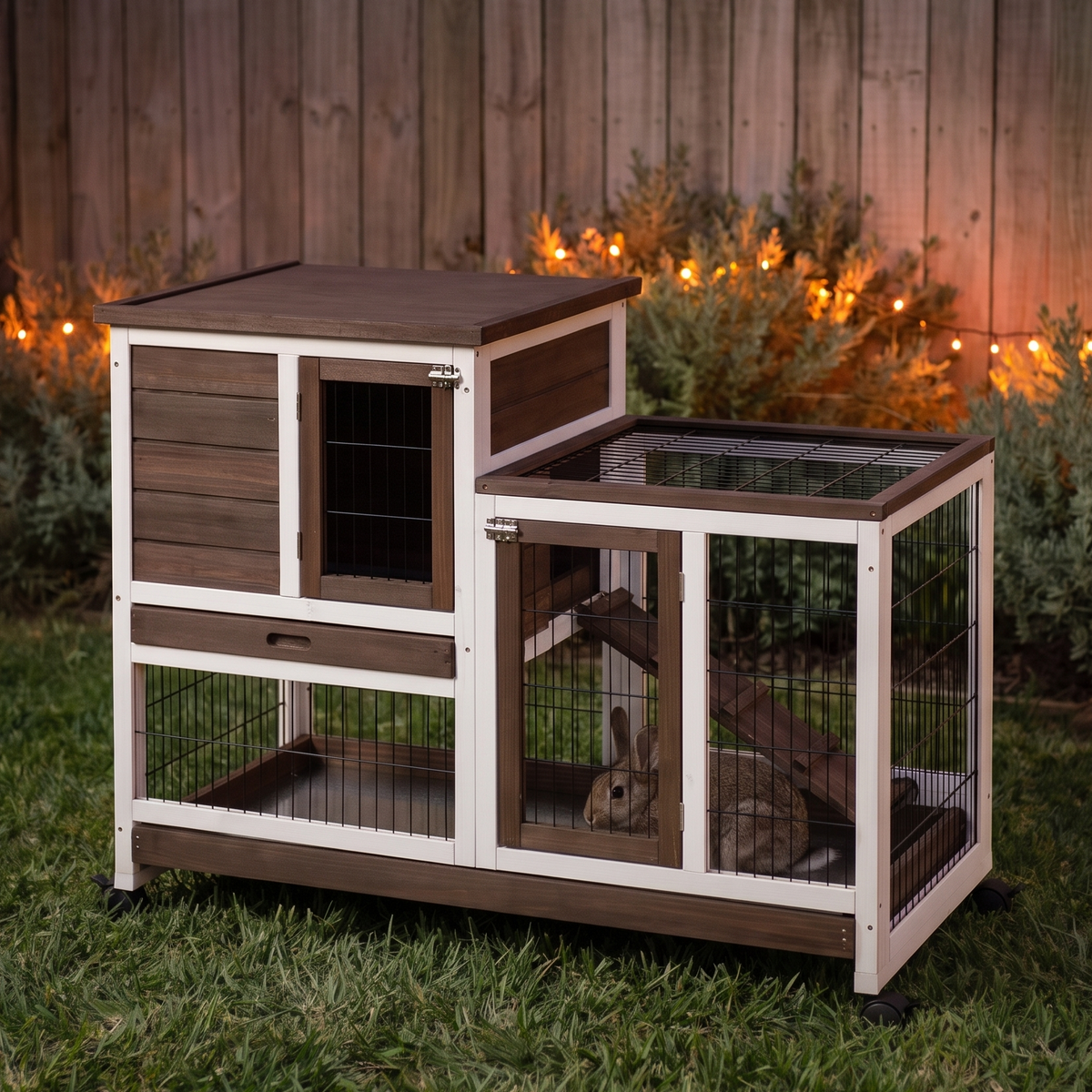 Brown elevated rabbit hutch at night with bunny inside, closed roof and warm string lights behind - wrenwood hero v2