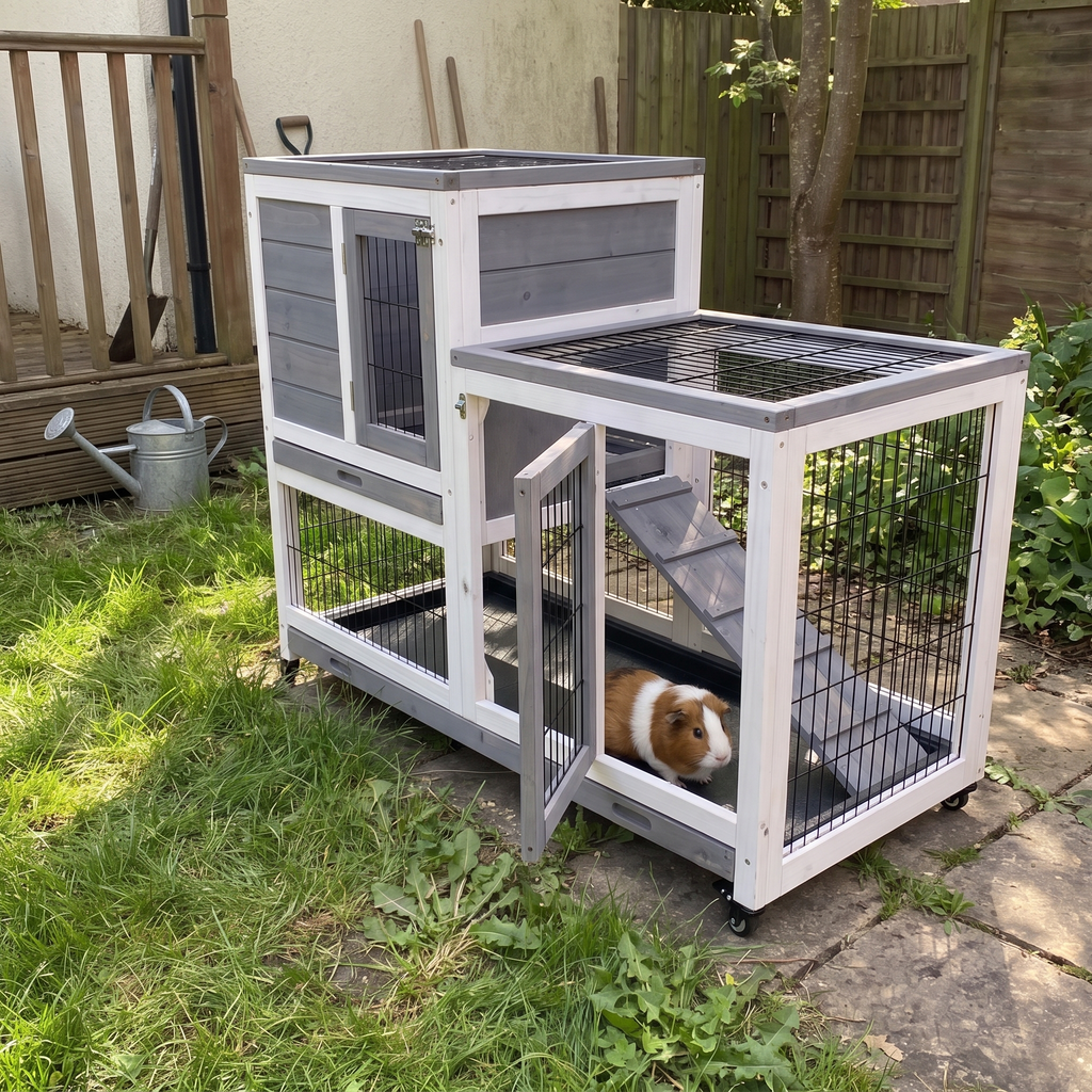 Guinea pig at the ramp of the elevated wooden hutch beside a backyard deck - wrenwood ugc lifestyle v2